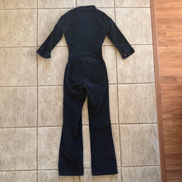 VTG STUSSY Womens XS Black Corduroy Jumpsuit Flare Leg Y2K Baddie 3/4 Sleeve Zip